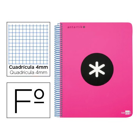 BLOC ESPIRAL LIDERPAPEL FOLIO ANTARTIK TAPA EXTRADURA 80 H 100G CUADRO 4 MM CON MARGEN COLOR ROSA FL