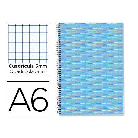 BLOC ESPIRAL LIDERPAPEL A6 MICRO MULTILIDER TAPA FORRADA 140H 80G CUADRO 5 MM 5 BANDAS CELESTE