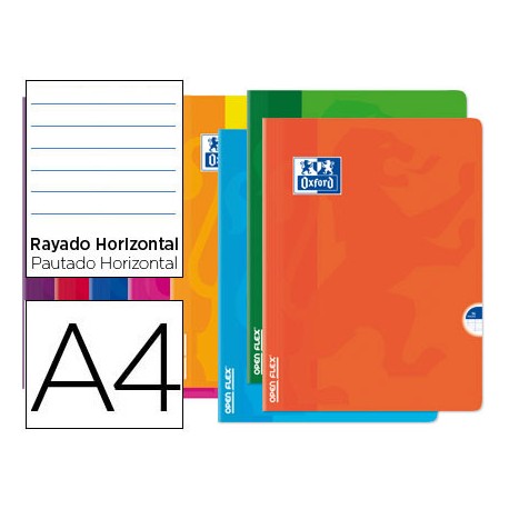 LIBRETA ESCOLAR OXFORD OPENFLEX TAPA FLEXIBLE OPTIK PAPER 48 HOJAS DIN A4 RAYADO HORIZONTAL COLORES