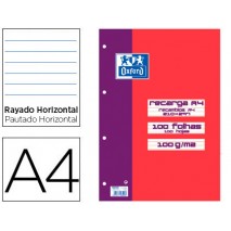 RECAMBIO COLOR OXFORD DIN A4 100 HOJAS 100 GRS RAYADO HORIZONTAL 4 TALADROS ROJO