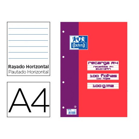 RECAMBIO COLOR OXFORD DIN A4 100 HOJAS 100 GRS RAYADO HORIZONTAL 4 TALADROS ROJO