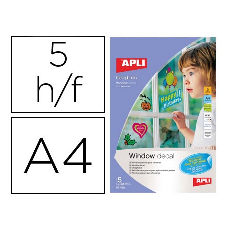 FILM TRANSPARENTE APLI PARA VENTANAS DIN A4 PARA IMPRESORA INKJET PAQUETE DE 5 HOJAS