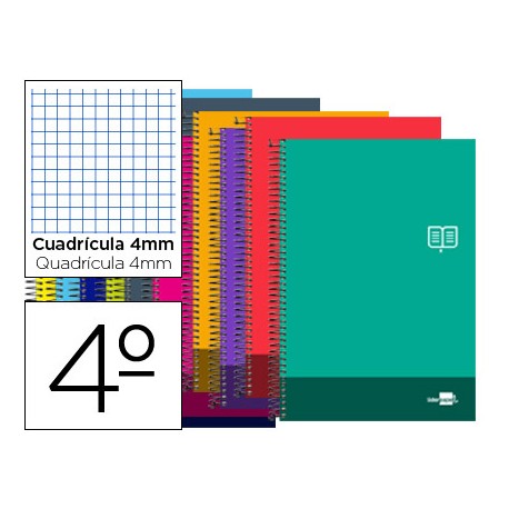 BLOC ESPIRAL LIDERPAPEL CUARTO DISCOVER TAPA CARTONCILLO 80 H 80G CUADRO 4 MM CON MARGEN COLORES