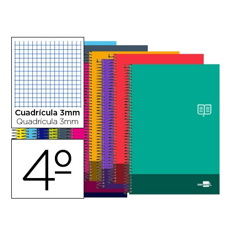 BLOC ESPIRAL LIDERPAPEL CUARTO DISCOVER TAPA CARTONCILLO 80 H 80G CUADRO 3 MM CON MARGEN COLORES