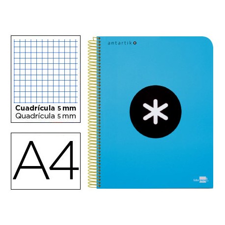 BLOC ESPIRAL LIDERPAPEL A4 MICRO ANTARTIK TAPA POLIPROPILENO 120H 100G CUADRO 5MM 5 BANDAS 4 AZUL
