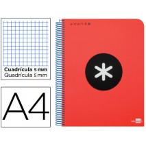 BLOC ESPIRAL LIDERPAPEL A4 MICRO ANTARTIK TAPA POLIPROPILENO 120H 100G CUADRO 5MM 5 BANDAS 4 ROJO