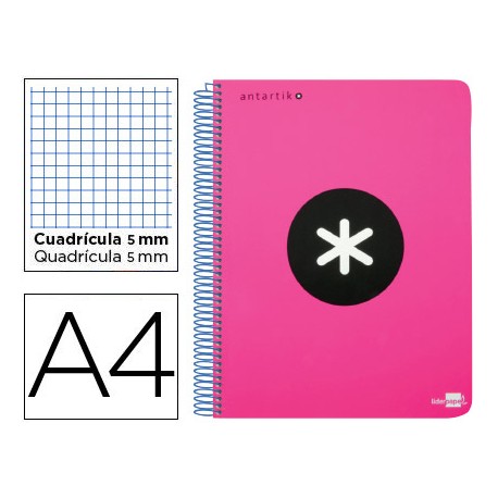 BLOC ESPIRAL LIDERPAPEL A4 MICRO ANTARTIK TAPA POLIPROPILENO 120H 100G CUADRO 5MM 5 BANDAS 4 ROSA F