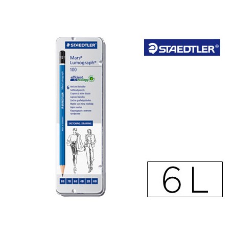 LAPICES DE GRAFITO STRAEDTLER MARS LUMOGRAPH 100 CAJA METALICA DE 6 LAPICES 8B-7B-6B-4B-2B-HB