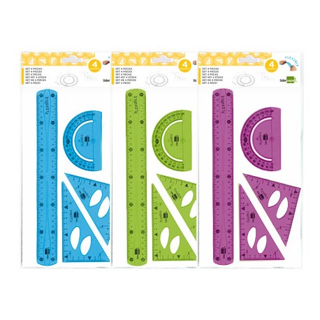JUEGO ESCUADRA 10 CM CARTABON 14 CM REGLA 30 CM Y SEMICIRC. PLASTICO FLEXIBLE EN PETACA LIDERPAPEL C