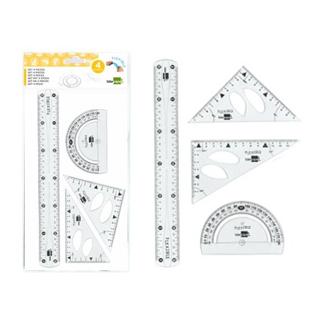 JUEGO ESCUADRA 10 CM CARTABON 14 CM REGLA 30 CM Y SEMICIRC. PLASTICO FLEXIBLE EN PETACA LIDERPAPEL T