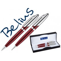 JUEGO DE BOLIGRAFO Y PORTAMINAS BELIUS VARSOVIA ROJO LACADO CON DETALLES CROMADOS EN ESTUCHE
