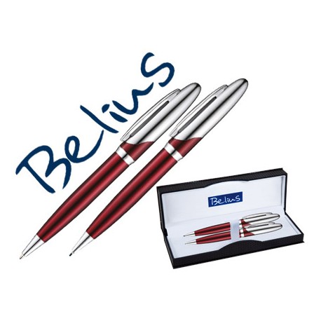 JUEGO DE BOLIGRAFO Y PORTAMINAS BELIUS VARSOVIA ROJO LACADO CON DETALLES CROMADOS EN ESTUCHE