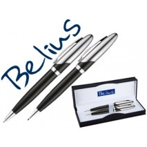 JUEGO DE BOLIGRAFO Y PORTAMINAS BELIUS VARSOVIA NEGRO LACADO CON DETALLES CROMADOS EN ESTUCHE