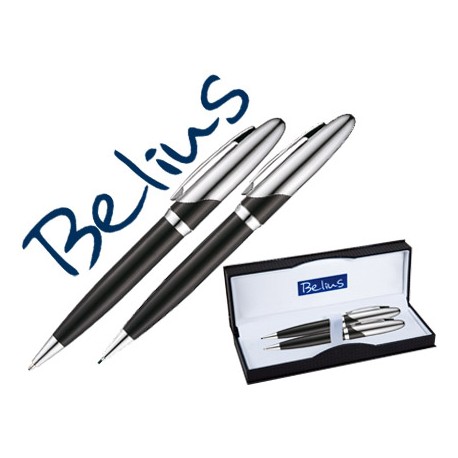 JUEGO DE BOLIGRAFO Y PORTAMINAS BELIUS VARSOVIA NEGRO LACADO CON DETALLES CROMADOS EN ESTUCHE