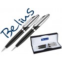 JUEGO DE BOLIGRAFO Y PORTAMINAS BELIUS VARSOVIA NEGRO LACADO CON DETALLES CROMADOS EN ESTUCHE