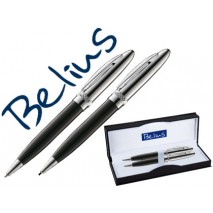 JUEGO DE BOLIGRAFO Y PORTAMINAS BELIUS BRIGHTON NEGRO LACADO CON DETALLES CROMADOS EN ESTUCHE