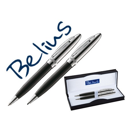 JUEGO DE BOLIGRAFO Y PORTAMINAS BELIUS BRIGHTON NEGRO LACADO CON DETALLES CROMADOS EN ESTUCHE
