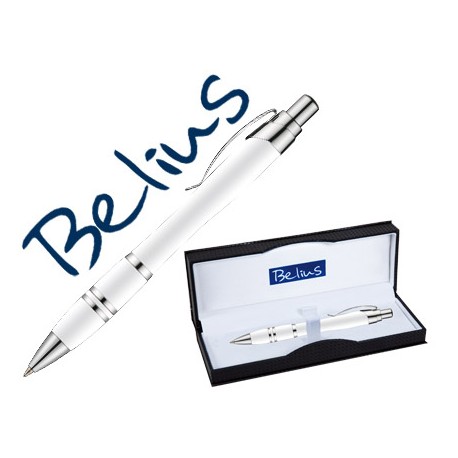 BOLIGRAFO BELIUS KASSEL BLANCO CON DETALLES PLATEADOS EN ESTUCHE