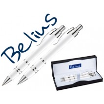 JUEGO DE BOLIGRAFO Y PORTAMINAS BELIUS KASSEL BLANCO CON DETALLES PLATEADOS EN ESTUCHE