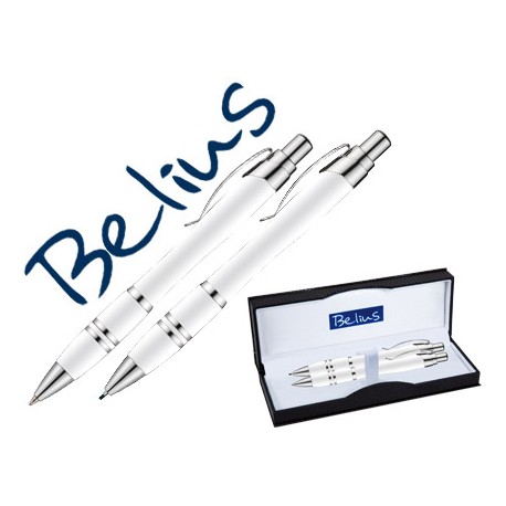 JUEGO DE BOLIGRAFO Y PORTAMINAS BELIUS KASSEL BLANCO CON DETALLES PLATEADOS EN ESTUCHE