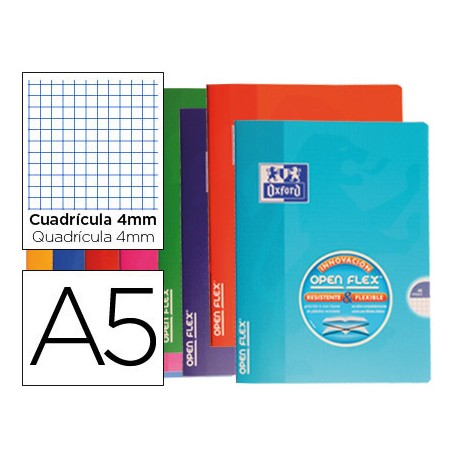 LIBRETA ESCOLAR OXFORD TAPA FLEXIBLE OPTIK PAPER OPENFLEX 48 HOJAS 90 GR DIN A5 CUADRO 4 MM COLORES