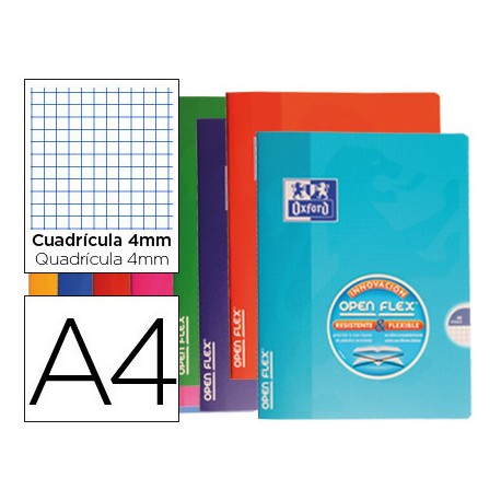 LIBRETA ESCOLAR OXFORD TAPA FLEXIBLE OPTIK PAPER OPENFLEX 48 HOJAS 90 GR DIN A4 CUADRO 4 MM COLORES