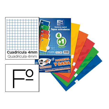 BLOC ESPIRAL OXFORD TAPA EXTRADURA FOLIO 80 HOJAS CUADRO 4 MM PACK DE 4 + 1 GRATIS