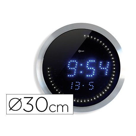 RELOJ DIGITAL CEP DE PARED OFICINA REDONDO 30 CM DE DIAMETRO COLOR NEGRO ESFERA ALUMINIO DIGITOS LED