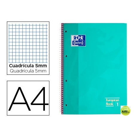 BLOC ESPIRAL OXFORD TAPA EXTRADURA MICROPERFORADO DIN A4 80 HOJAS CUADROS 5 MM COLOR MENTA HIELO