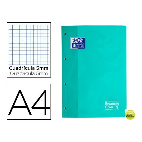 RECAMBIO COLOR OXFORD DIN A4 80 HOJAS 90 GRS CUADROS 5 MM 4 TALADROS COLOR MENTA HIELO