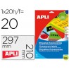 ETIQUETA ADHESIVA APLI 02881 210X297 MM PARA FOTOCOPIADORA LASER INK-JET CAJA CON 20 HOJAS DIN A4 VE