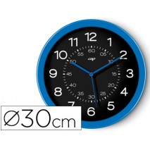 RELOJ CEP DE PARED PLASTICO OFICINA REDONDO 30 CM DE DIAMETRO COLOR AZUL Y ESFERA COLOR NEGRO