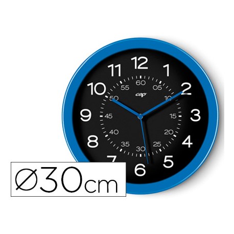 RELOJ CEP DE PARED PLASTICO OFICINA REDONDO 30 CM DE DIAMETRO COLOR AZUL Y ESFERA COLOR NEGRO
