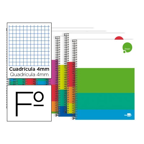 BLOC ESPIRAL LIDERPAPEL FOLIO DREAM TAPA EXTRADURA 80 H 80G CUADRO 4 MM CON MARGEN COLORES SURTIDOS