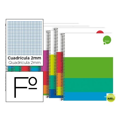 BLOC ESPIRAL LIDERPAPEL FOLIO DREAM TAPA EXTRADURA 80 H 80G MILIMETRADO COLORES SURTIDOS