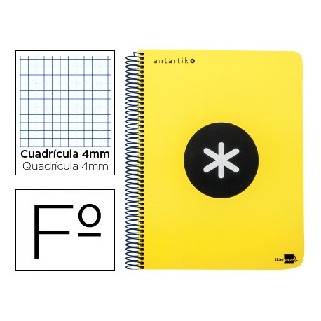 BLOC ESPIRAL LIDERPAPEL FOLIO ANTARTIK TAPA POLIPROPILENO 80H 100G CUADRO 4MM CON MARGENCOLOR AMARIL