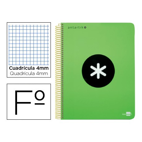 BLOC ESPIRAL LIDERPAPEL FOLIO ANTARTIK TAPA POLIPROPILENO 80H 100G CUADRO 4MM CON MARGENCOLOR VERDE