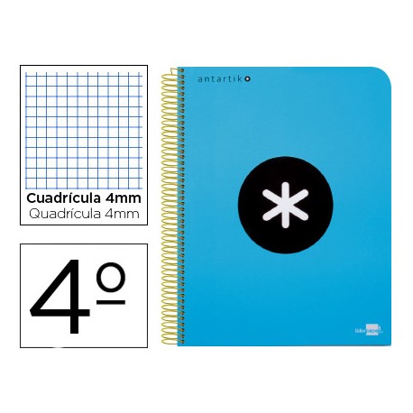 BLOC ESPIRAL LIDERPAPEL CUARTO ANTARTIK TAPA POLIPROPILENO 80 H 100G CUADRO 4MM CON MARGEN AZUL