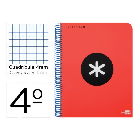 BLOC ESPIRAL LIDERPAPEL CUARTO ANTARTIK TAPA POLIPROPILENO 80 H 100G CUADRO 4MM CON MARGEN ROJO