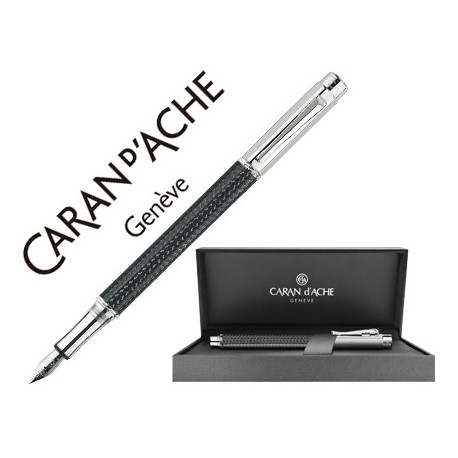 PLUMA CARAN D'ACHE VARIUS FIBRA DE CARBON 3000 NEGRO PLACADA RODIO PLUMIN ORO 18K RODIADO CON ESTUCH