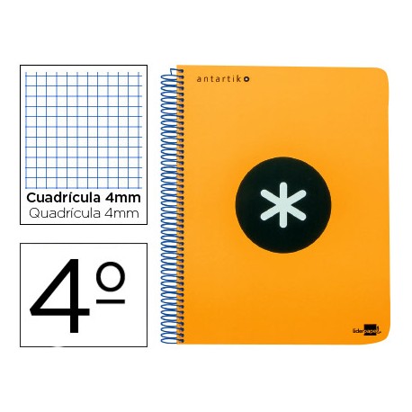 BLOC ESPIRAL LIDERPAPEL CUARTO ANTARTIK TAPA POLIPROPILENO 80 H 100G CUADRO4MM CON MARGEN NARANJA FL