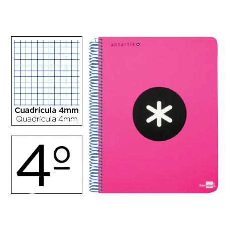 BLOC ESPIRAL LIDERPAPEL CUARTO ANTARTIK TAPA POLIPROPILENO 80 H 100G CUADRO4MM CON MARGEN ROSA FLUOR