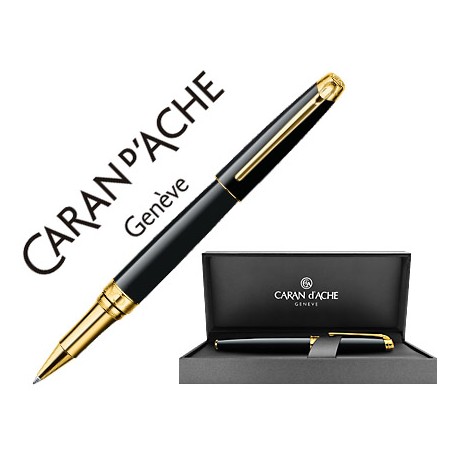 ROLLER CARAN D'ACHE LEMAN EBONY LACA CHINA NEGRA ADORNOS CHAPADOS ORO CON ESTUCHE PUNTA MEDIA