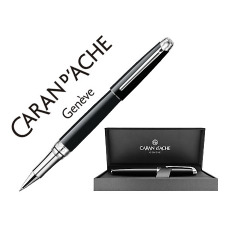 ROLLER CARAN D'ACHE LEMAN EBONY LACA CHINA NEGRA ADORNOS PLATEADOS RODIADOS CON ESTUCHE PUNTA MEDIA