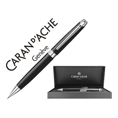 PORTAMINAS CARAN D'ACHE LEMAN EBONY 0,7 MM LACA CHINA NEGRA ADORNOS PLATEADOS RODIADOS CON ESTUCHE