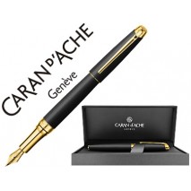PLUMA CARAN D'ACHE LEMAN PAVONADO NEGRO ADORNOS CHAPADO ORO PLUMIN DE ORO 18K CON ESTUCHE PLUMIN MED