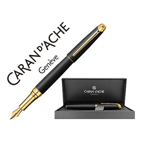 PLUMA CARAN D'ACHE LEMAN PAVONADO NEGRO ADORNOS CHAPADO ORO PLUMIN DE ORO 18K CON ESTUCHE PLUMIN MED