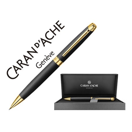 PORTAMINAS CARAN D'ACHE LEMAN 0,7 MM PAVONADO NEGRO ADORNOS CHAPADOS ORO CON ESTUCHE