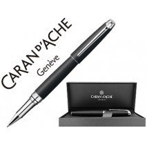 ROLLER CARAN D'ACHE LEMAN PAVONADO NEGRO ADORNOS CHAPADO PLATEADO RODIADO CON ESTUCHE PUNTA MEDIA