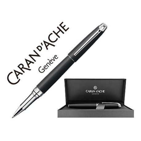 ROLLER CARAN D'ACHE LEMAN PAVONADO NEGRO ADORNOS CHAPADO PLATEADO RODIADO CON ESTUCHE PUNTA MEDIA